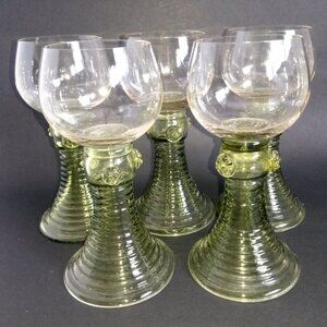 5 1900s German Handmade Green Glass Beehive Stem Wine Goblets Raspberry Prunts